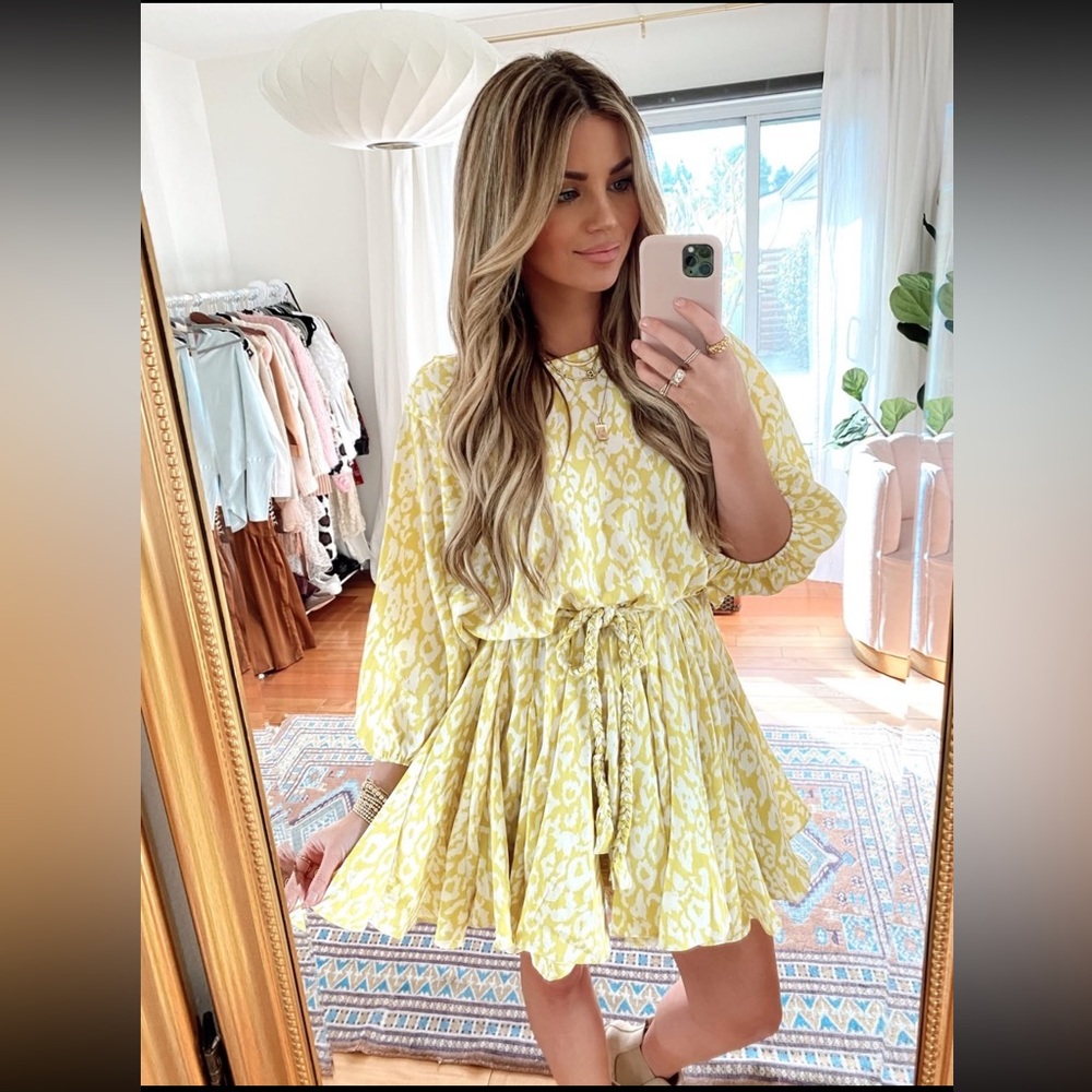 AAKAA Yellow Cheetah Tie-Belt Mini Dress Small